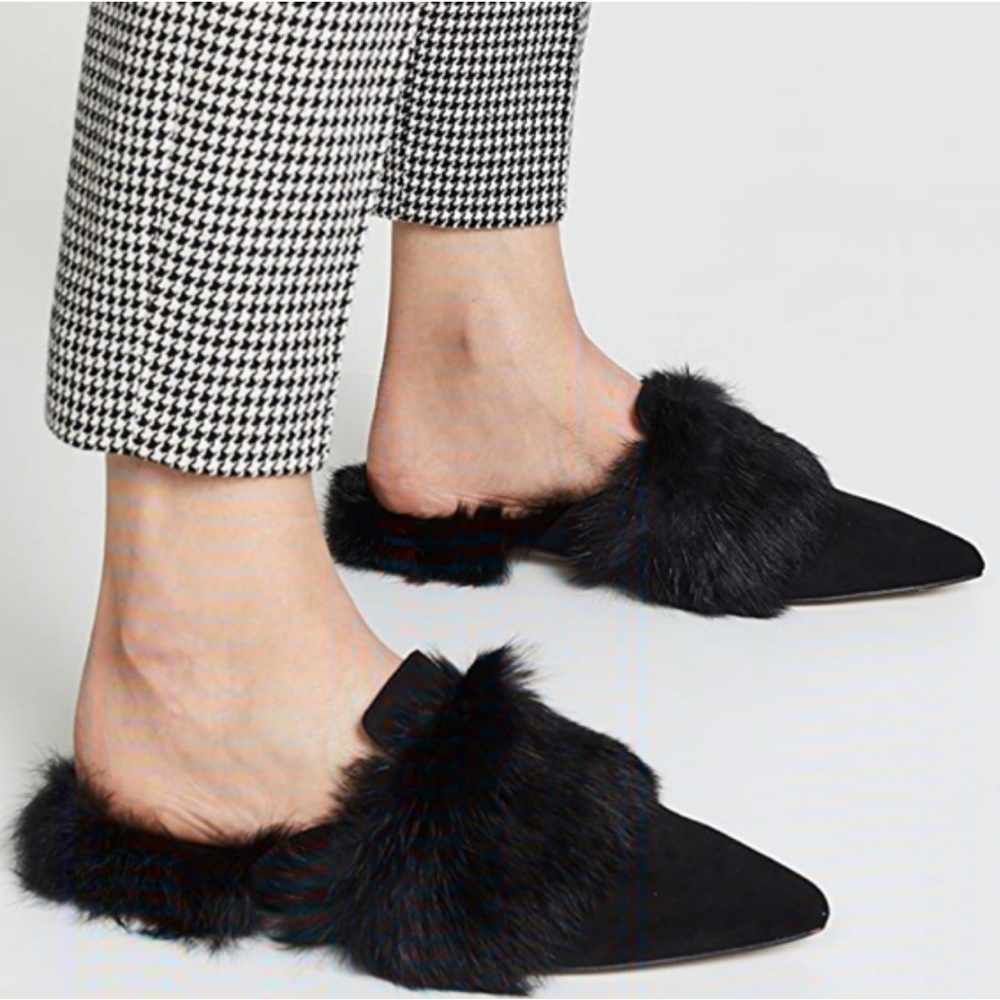 Rebecca Minkoff Rafferty Mules with fur. Black kid suede/ Rabbit Fur. Size 7.5 M